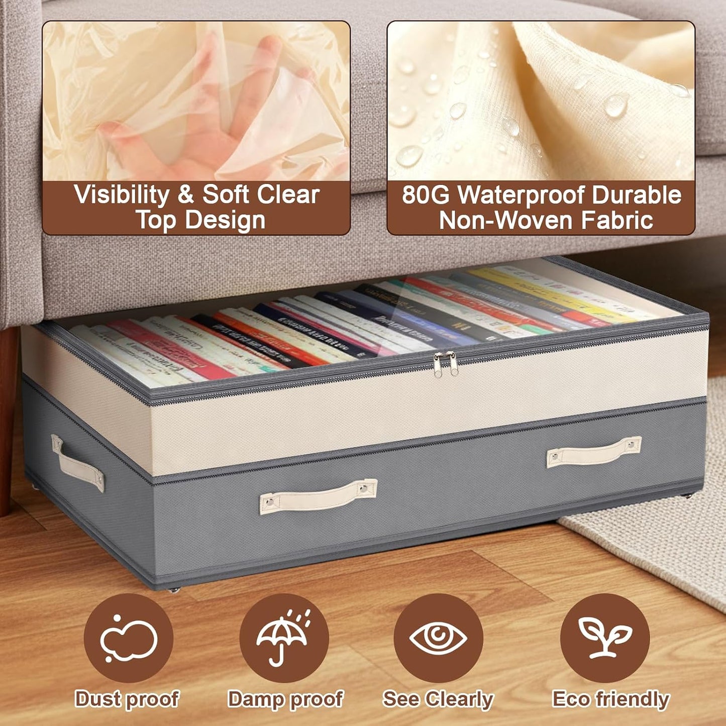 Dolicer 2 Pack Under Bed Storage with Wheels, 6in-10in Height Adjustable Underbed Storage Containers, 92L XXXL Under Bed Drawers Rolling Bin with Clear Lids for Dorm Shoes Clothes Organizers(Grey)