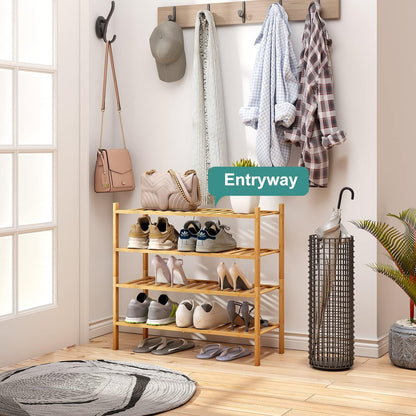 viewcare 3-Tier Black Bamboo Shoe Rack for Entryway, Stackable | Foldable | Natural, Shoe Shelf Storage Organizer for Hallway Closet, Free Standing Shoe Racks for Indoor Outdoor