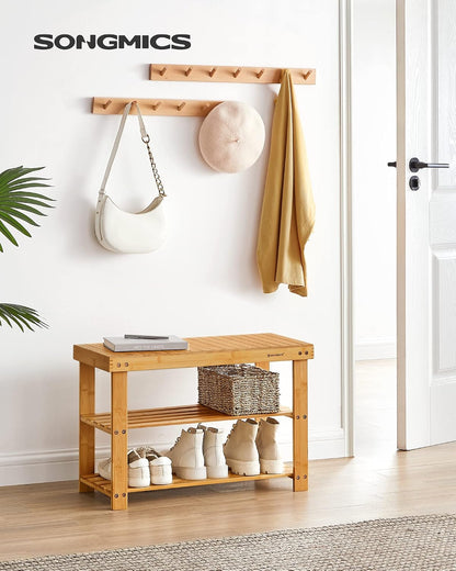 SONGMICS Shoe Rack Bench, 3-Tier Bamboo Shoe Storage Organizer, Entryway Bench, Holds Up to 286 lb, 11.3 x 27.6 x 17.8 Inches, for Entryway Bathroom Bedroom, Ink Black ULBS04H