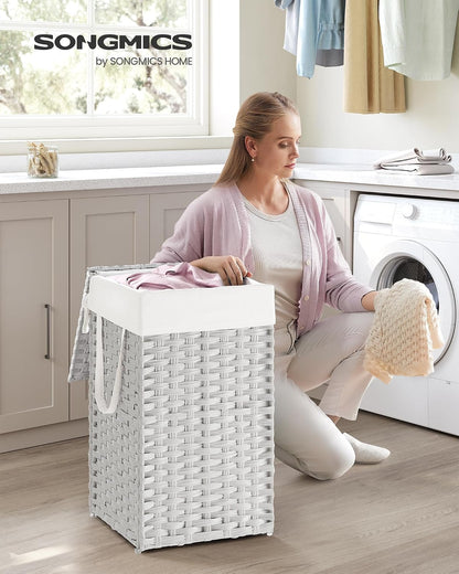 SONGMICS Laundry Hamper with Lid, 23.8 Gallon (90 L) Synthetic Rattan Clothes Laundry Basket with Lid and Handles, Foldable, Removable Liner, Chestnut Brown ULCB051K02
