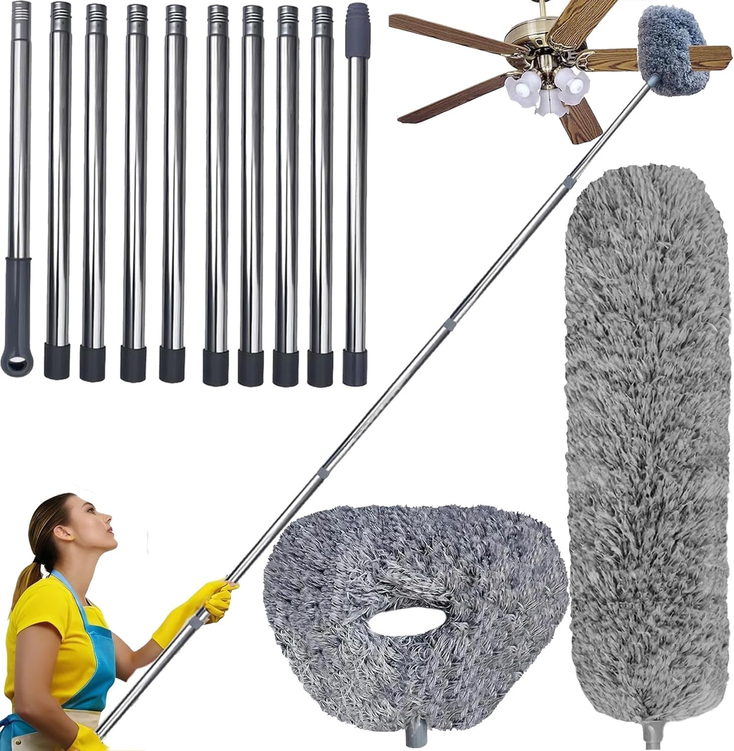 20+ Ft High Reach Ceiling Fan Duster &Microfiber Feather Brush Duster with 3-14 ft Spliceable Pole Microfiber Feather Duster for Spider Web, High Ceiling, Blinds, Furniture Cleaning Tool Kit