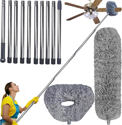 20+ Ft High Reach Ceiling Fan Duster &Microfiber Feather Brush Duster with 3-14 ft Spliceable Pole Microfiber Feather Duster for Spider Web, High Ceiling, Blinds, Furniture Cleaning Tool Kit