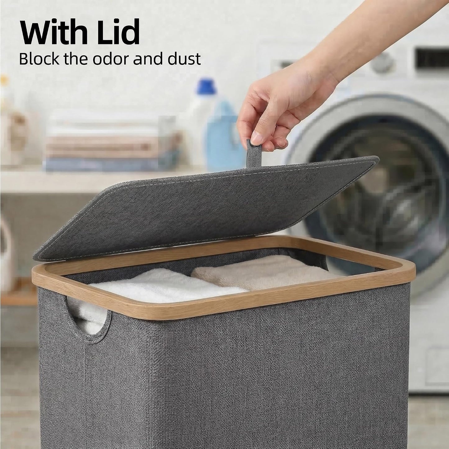 efluky Slim Laundry Basket with Lid, Narrow Laundry Hamper with Removable Bag, Skinny Dirty Clothes Basket with Bamboo Handles for Bathroom, Bedroom & Laundry Room, 75L Beige