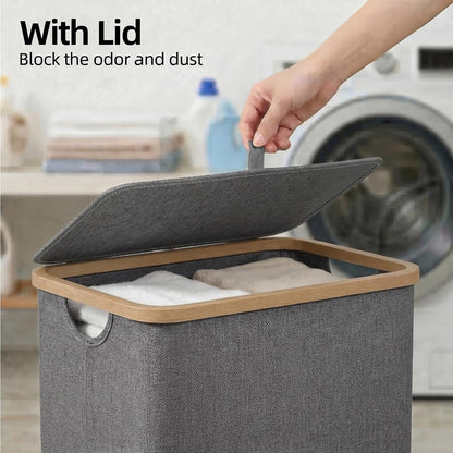 efluky Slim Laundry Basket with Lid, Narrow Laundry Hamper with Removable Bag, Skinny Dirty Clothes Basket with Bamboo Handles for Bathroom, Bedroom & Laundry Room, 75L Beige