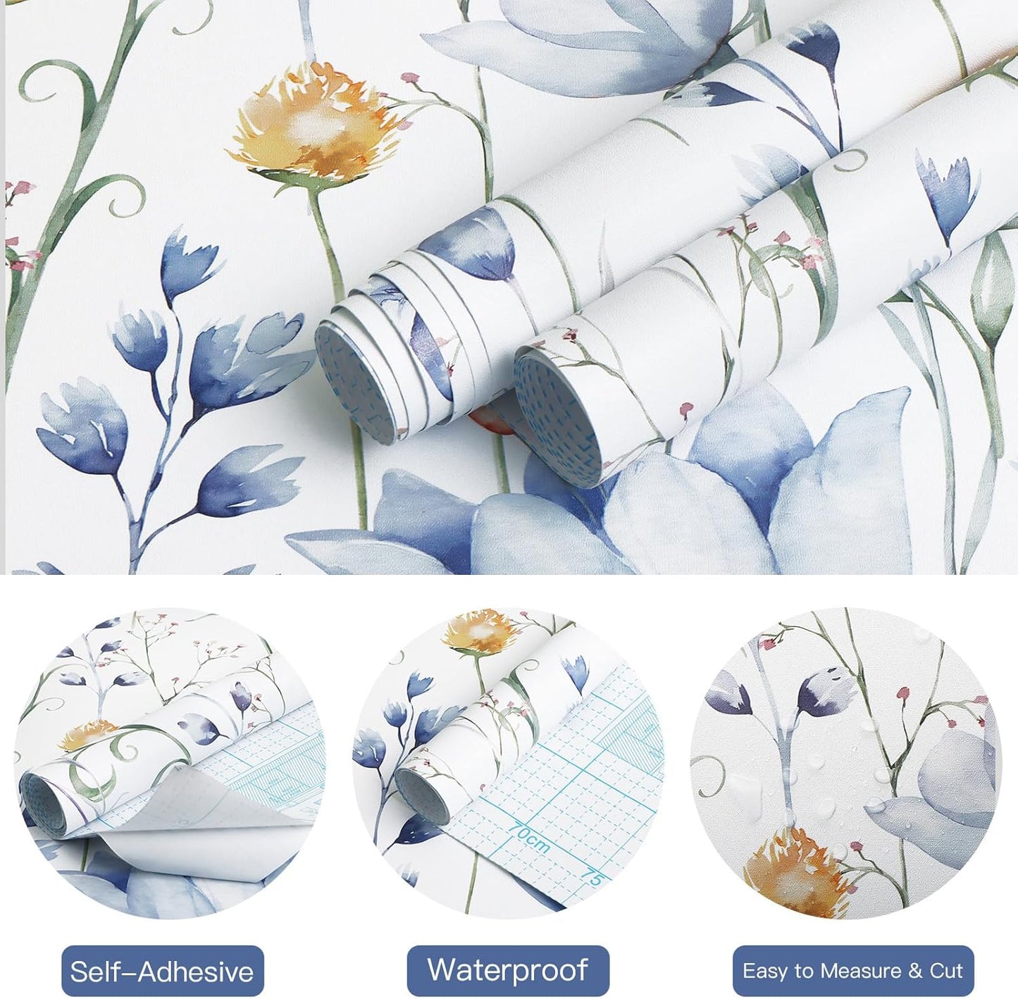 HeloHo Blue Floral Wallpaper Peel and Stick Self Adhesive Removable Wall Paper 16.1" X 118" Renter Friendly Waterproof Wallpaper Contact Paper for Furniture Living Room Bedroom Decor