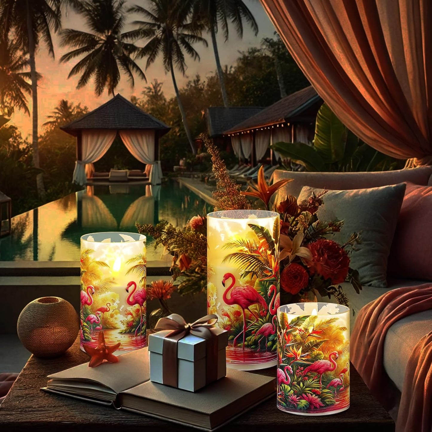 Tujoe 3 Pcs Summer Ocean Flameless Candles Teal Beach LED Battery Pillar Candles Set Battery Operated Coastal Nautical Decorations Flickering Gifts with Remote Decorations for Holiday