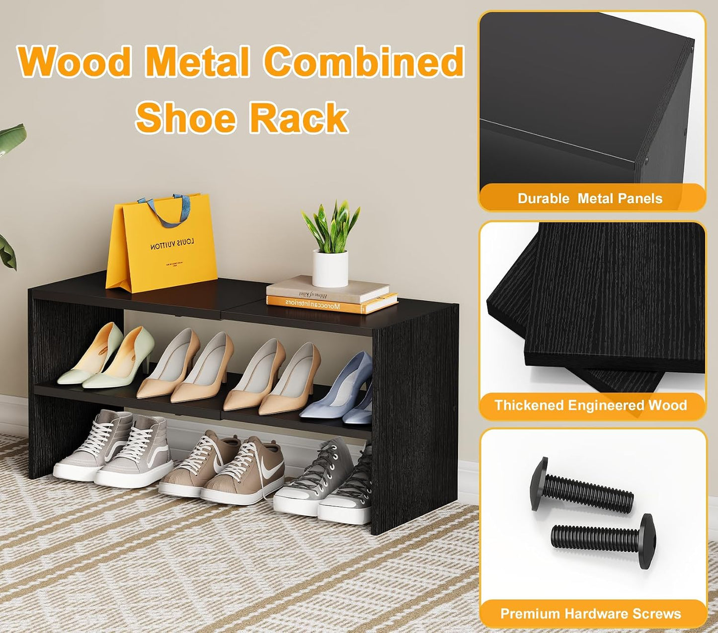 White Shoe Rack Organizer for Closet, 2-Tier Expandable Shoe Shelf, Stackable Iron Wood Combination Small Shoe Racks Shelves for Closets, Entryway,Small Space,Hallway,Bedroom,Bathroom,6-12 Pairs