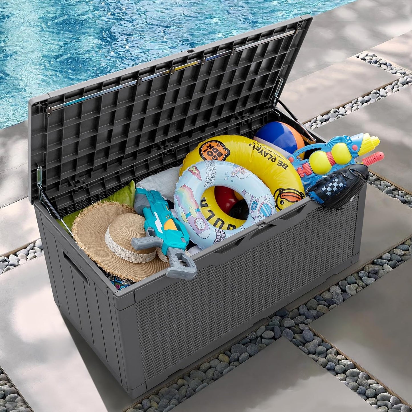 Greesum 110 Gallon Outdoor Storage Box with Lockable Lid, All-Weather for Patio Furniture, Pool Supplies & Garden Tools, Waterproof, UV-Resistant Large Deck Box, Dark Black