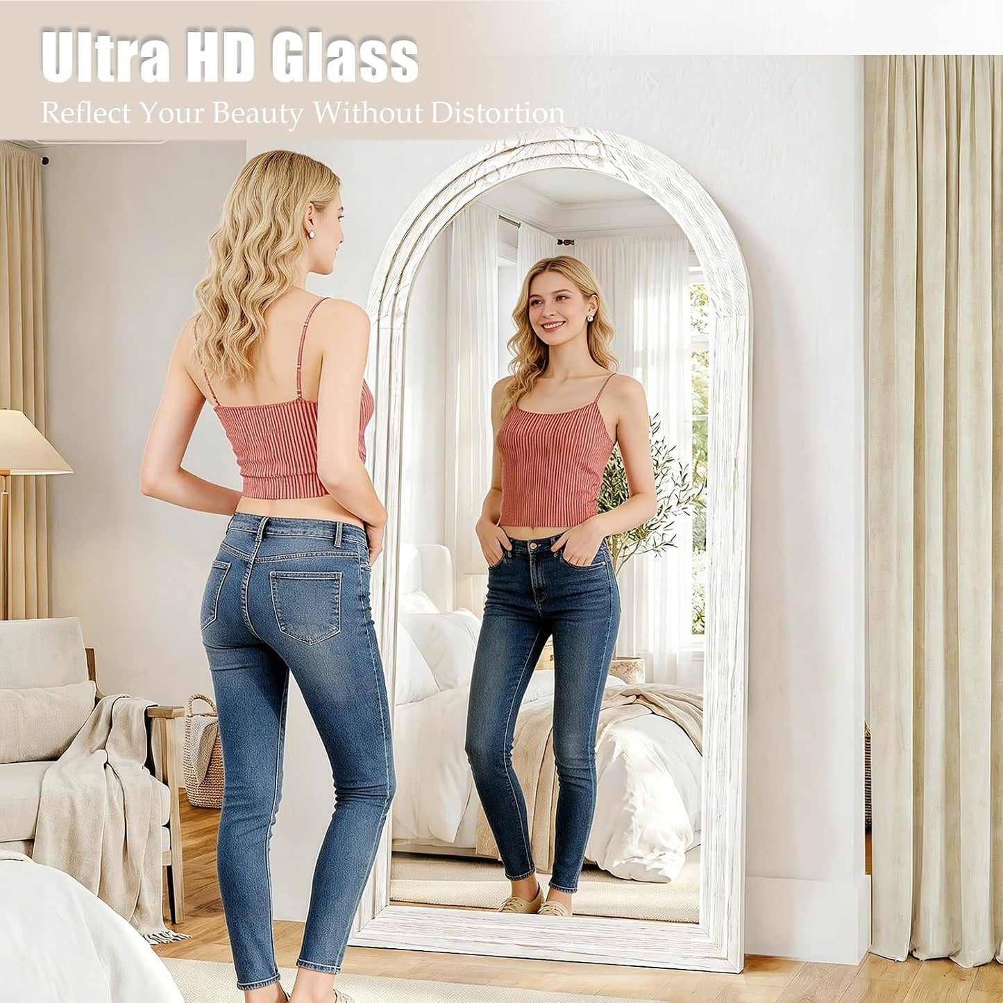 30"x71" Full Length Mirror Solid Wood Frame, Arched Floor Mirror Full Length with Stand, Room Decor Big Full Body Mirror with HD Tempered Glass for Bedroom, Living Room, Walnut Wood