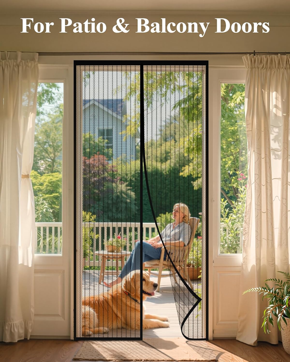 Kitsure Magnetic Screen Door - 38.0 x 82.0 in Retractable Screen Door Mesh for Front Door or Sliding Door, Pet & Kid Friendly, Hands-Free Closure Keeps Bugs Out & Lets Breeze in, Stripe Black