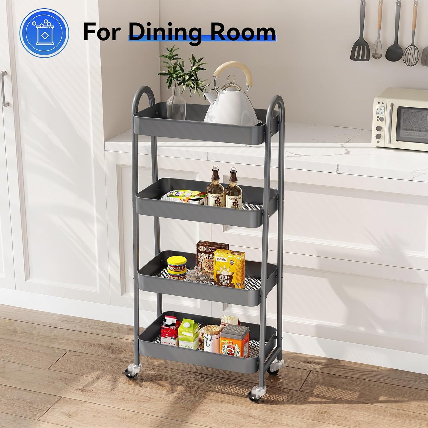 NEWBULIG 3-Tier Rolling Storage Cart, Metal Mobile Utility Organizer Shelf with Lockable Wheels, Space-Saving Freestanding Storage for Bathroom Living Room and Narrow Corner Spaces, Green