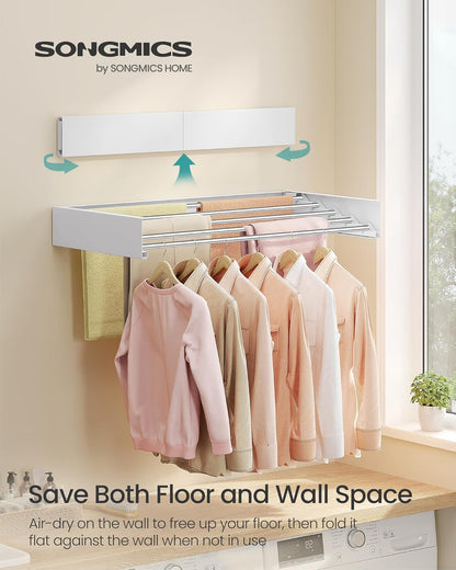 SONGMICS Wall Mounted Drying Rack, Clothes Drying Rack Foldable, 39.4 Inches Wide Laundry Clothes Airer with Wall Template, 6 Fold-Out Aluminum Alloy Bars, Indoor, Matte White ULLR810WE01