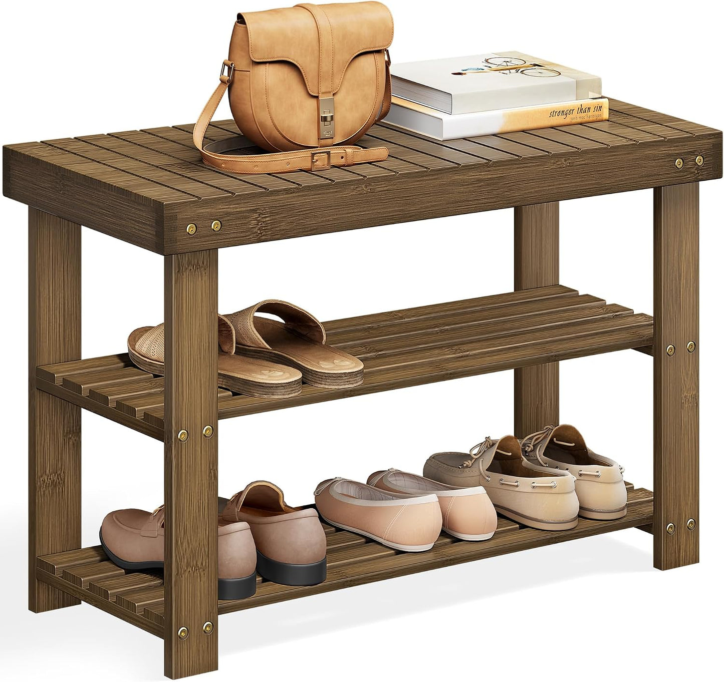 SONGMICS Shoe Rack Bench, 3-Tier Bamboo Shoe Storage Organizer, Entryway Bench, Holds Up to 286 lb, 11.3 x 27.6 x 17.8 Inches, for Entryway Bathroom Bedroom, Ink Black ULBS04H