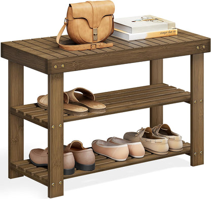 SONGMICS Shoe Rack Bench, 3-Tier Bamboo Shoe Storage Organizer, Entryway Bench, Holds Up to 286 lb, 11.3 x 27.6 x 17.8 Inches, for Entryway Bathroom Bedroom, Ink Black ULBS04H