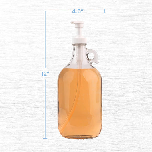 kitchentoolz Gallon Glass Pump Dispenser Bottle, Large Jug Laundry Liquid Detergent Dispenser with Pump for Laundry Room Organization, Soap, Fabric Softener, Commercial Condiment Dispenser- 128 oz