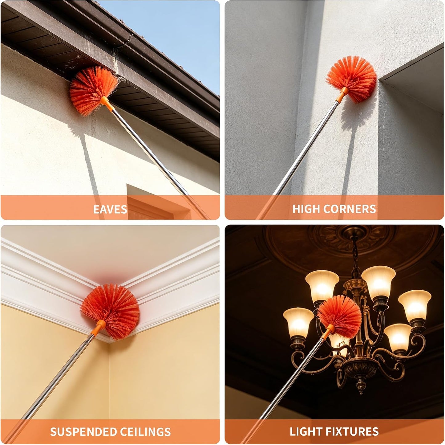 Cobweb Duster with Extension Pole, Upgraded Heavy Duty Thickened Stainless Steel Telescopic Handle for High Ceilings & Ceiling Fans, 90" Total Reach (15.7" Compact), Medium Stiff Bristles (Orange)