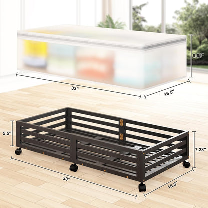 Under Bed Storage Containers With Wheels - 2 Pcs Bamboo Wood Rolling Underbed Shoe Storage Bins With Dust Bags for Clothes Blankets, Duvet Covers Snacks Toys (Natural)