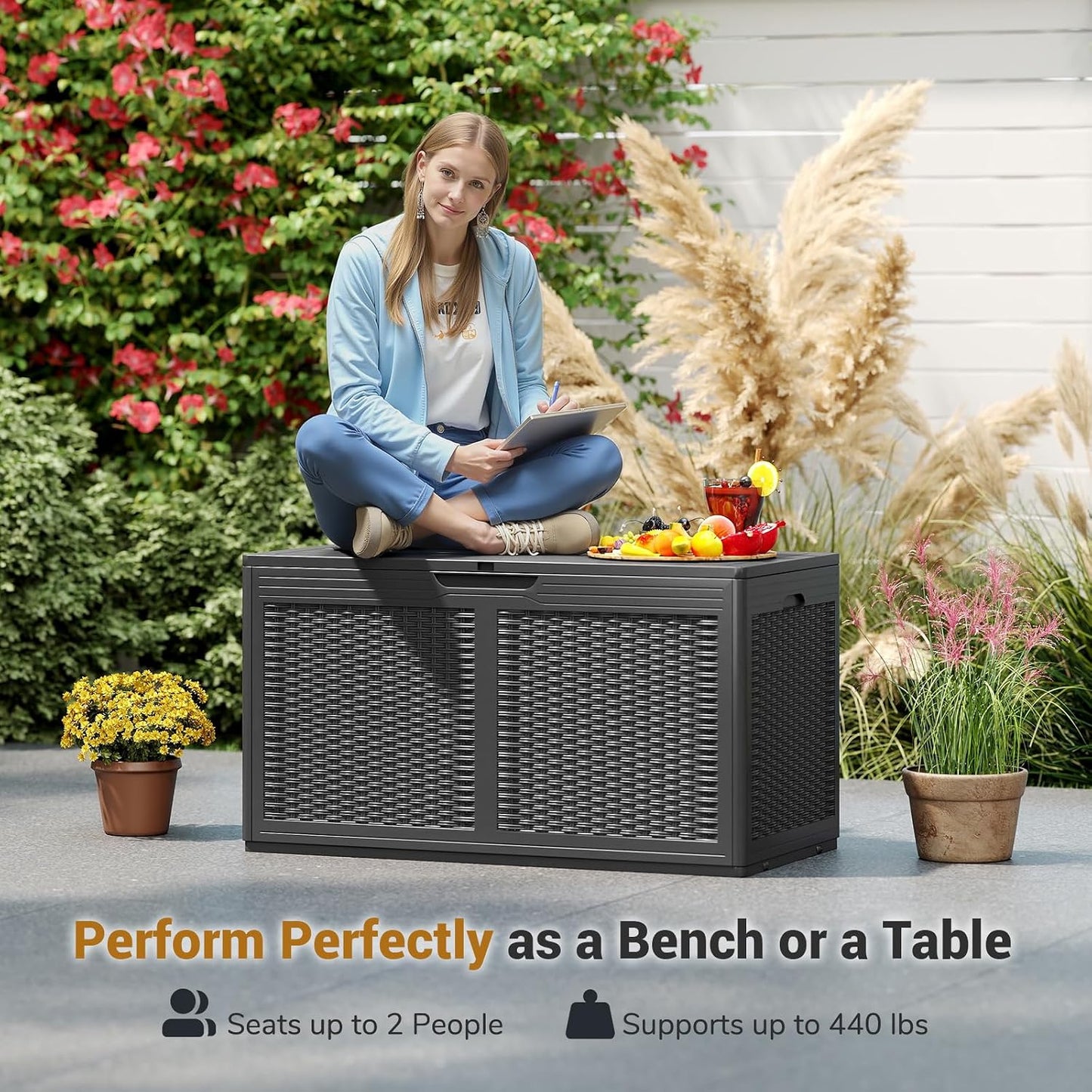 Tangkula 100 Gallon Outdoor Storage Box, Lockable Outdoor Storage Bench with 2 Smooth Wheels, Faux Rattan Surface, Waterproof Resin Deck Box for Outside Poolside Patio Garden (Brown)
