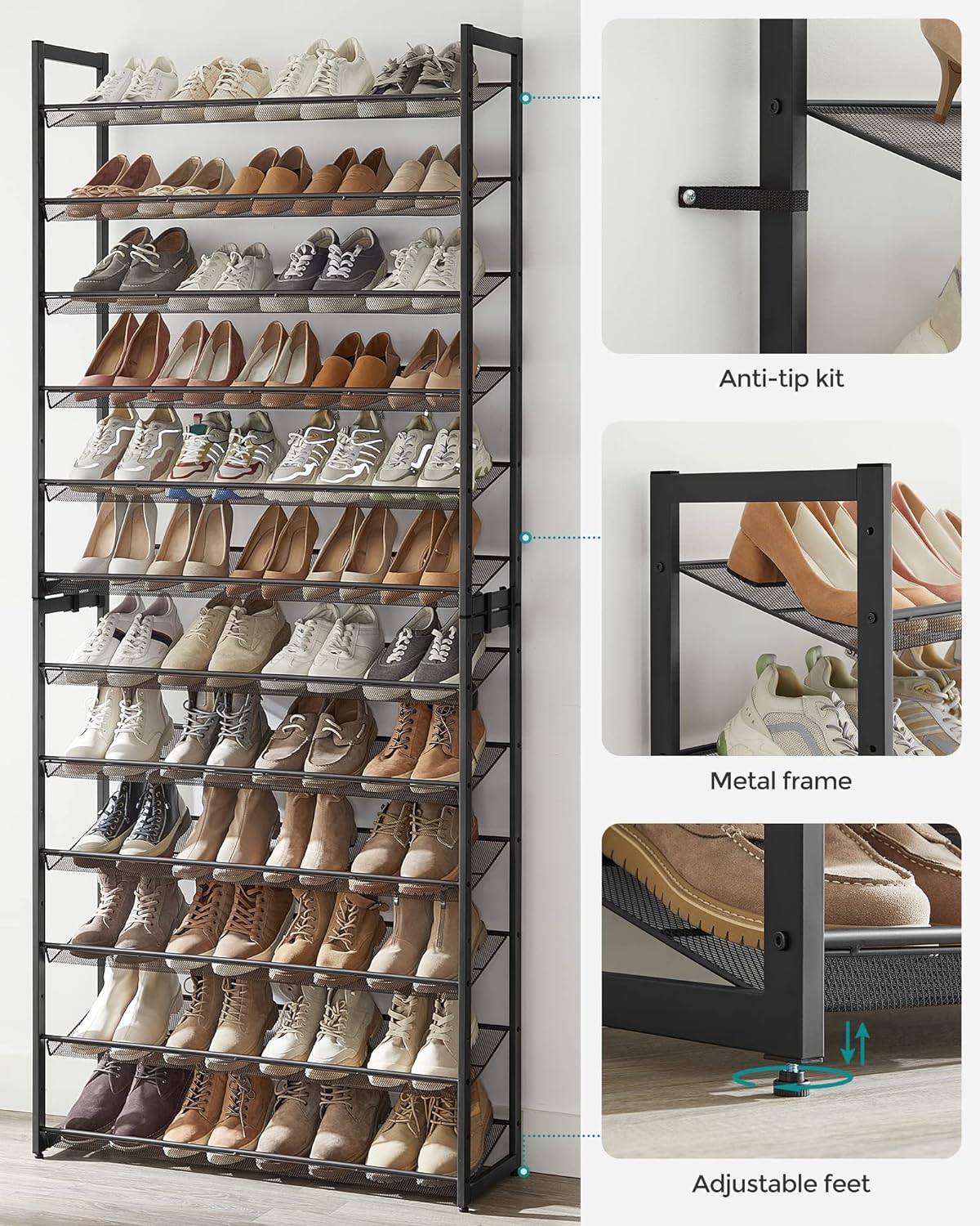 SONGMICS Shoe Rack, 12-Tier Shoe Organizer, Metal Shoe Storage for Garage, Entryway, Set of 2 6-Tier Stackable Shoe Shelf, with Adjustable Flat or Angled Shelves, Holds 48-60 Pairs, Black ULMR12B