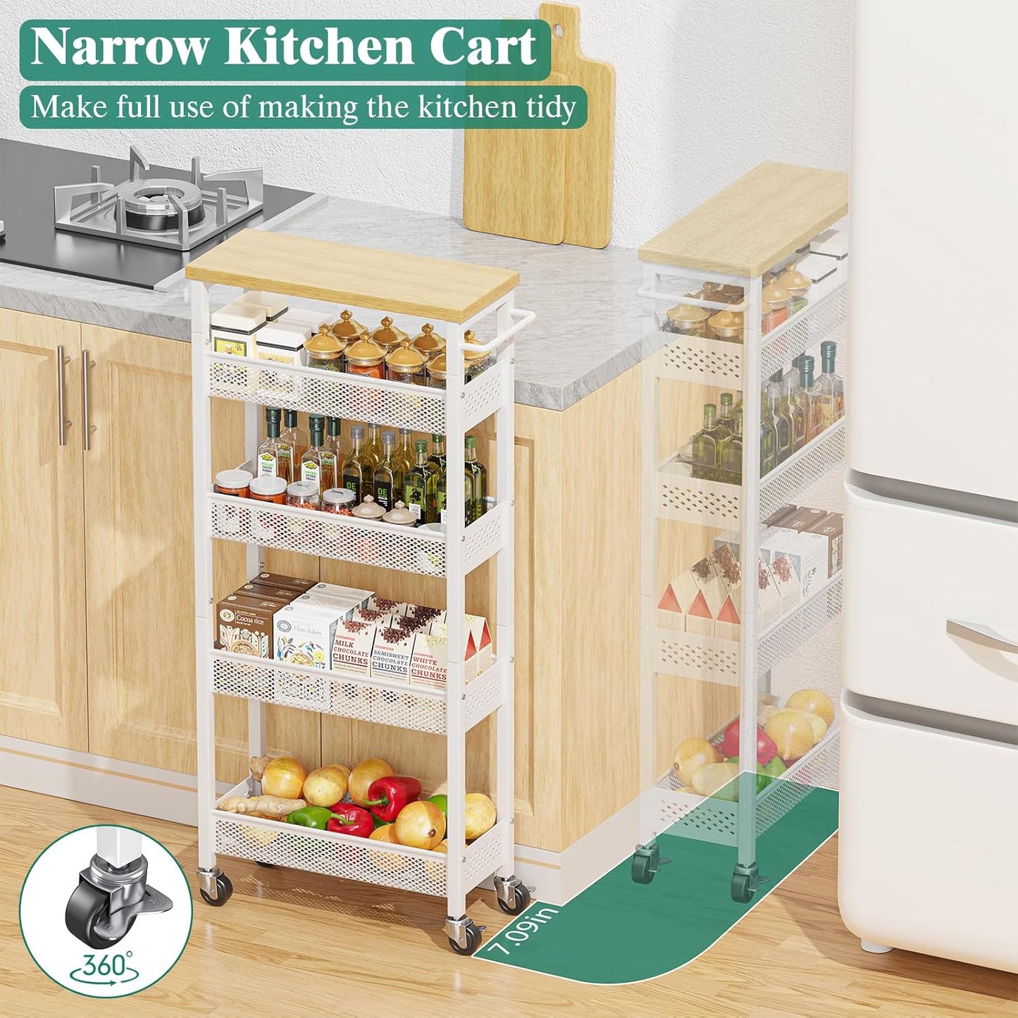 Giwil Slim Storage Cart 5 Tier Narrow Kitchen Rolling Cart on Wheels for Small Space, Metal Utility Cart Narrow Bathroom Storage Cabinet Mobile Shelf Unit Organizer with Wood Top and Handle, Black