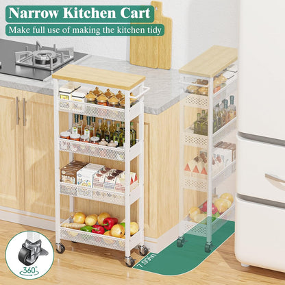 Giwil Slim Storage Cart 5 Tier Narrow Kitchen Rolling Cart on Wheels for Small Space, Metal Utility Cart Narrow Bathroom Storage Cabinet Mobile Shelf Unit Organizer with Wood Top and Handle, Black
