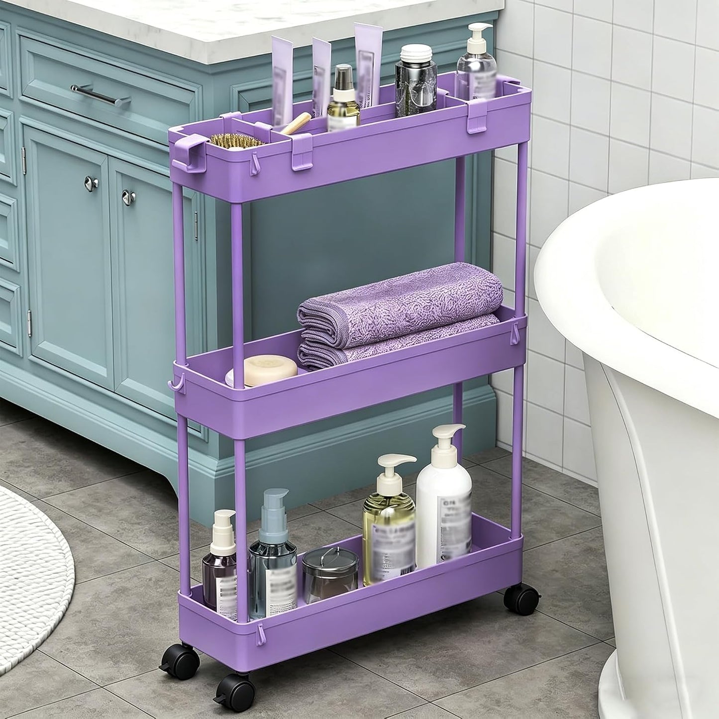 SPACELEAD Slim Storage Cart 3 Tier,Bathroom Organizer Rolling Utility,Mobile Shelving Unit Slide Out for Office, Kitchen, Laundry Room & Narrow Places，Green