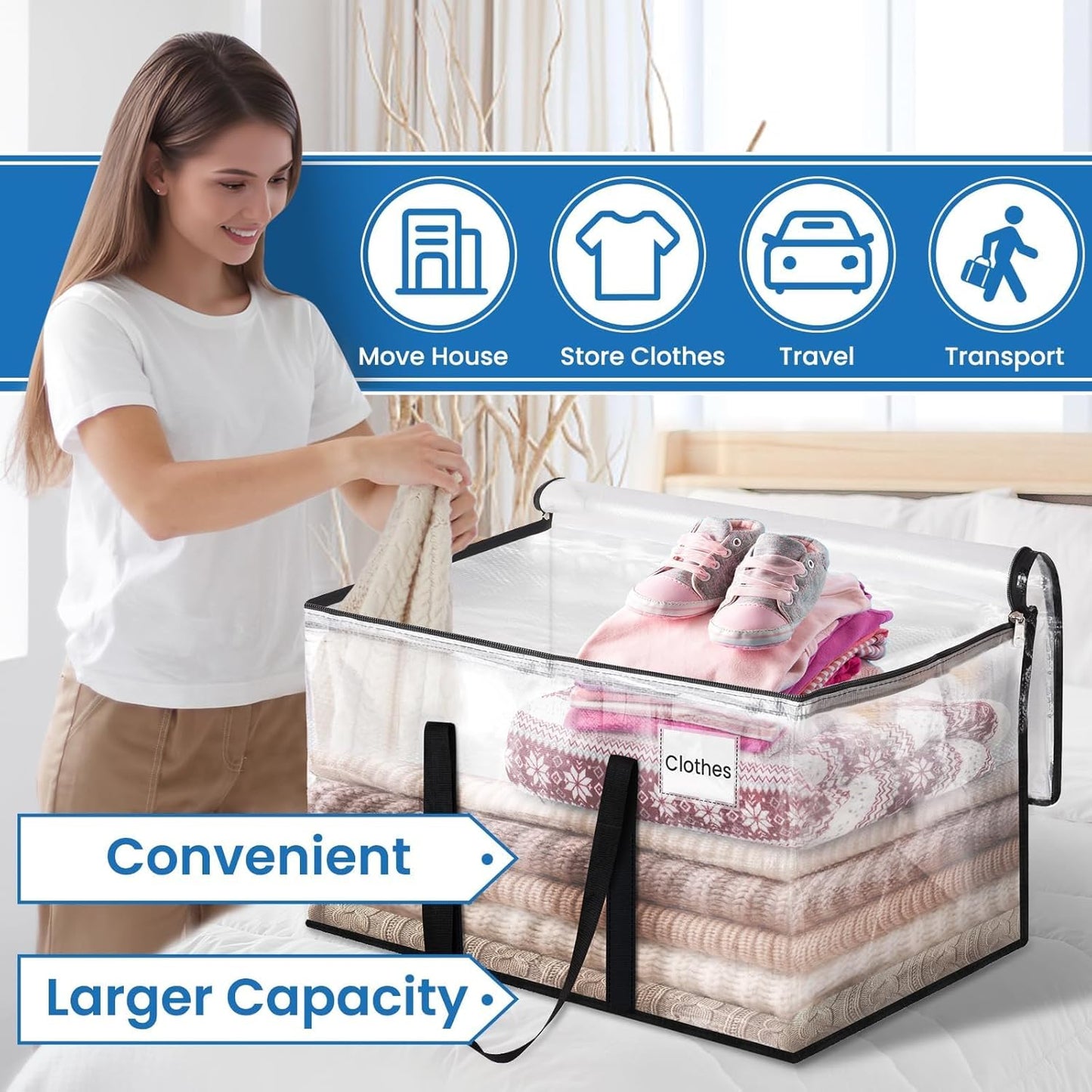 RoomHacks Heavy Duty Clear Moving Bags with Reinforced Handle and Double Zipper, Storage Totes, Packing Bags Alternative to Moving Essential and Supplies Box, Clear, Large, 6 Packs