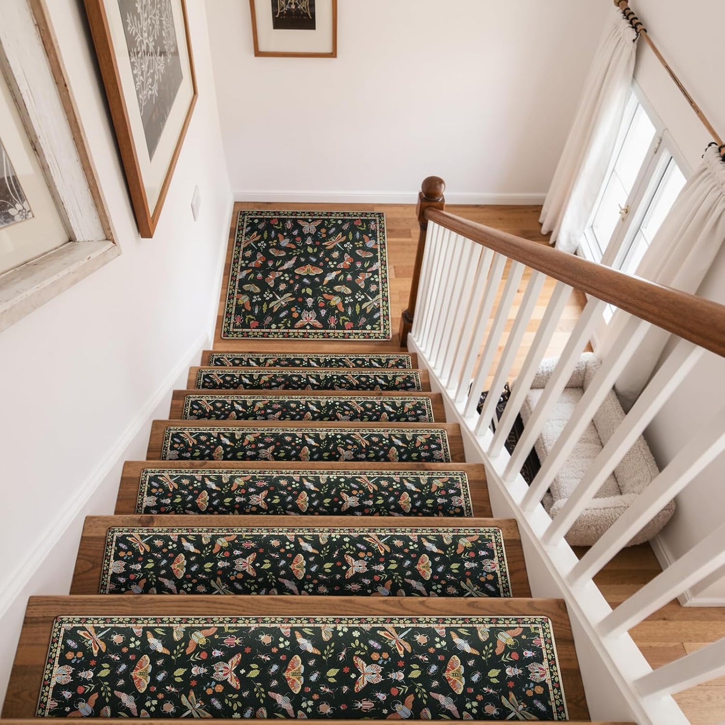 OJIA Insect Print Stair Treads Non Slip Stair Runners for Wooden Steps Indoor, 15PCS 8"x30" Rubber Backing Carpet Treads for Wood Stairs Staircase Step Treads for Kids & Dogs, Stair Covers, Black