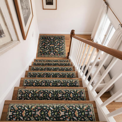 OJIA Insect Print Stair Treads Non Slip Stair Runners for Wooden Steps Indoor, 15PCS 8"x30" Rubber Backing Carpet Treads for Wood Stairs Staircase Step Treads for Kids & Dogs, Stair Covers, Black