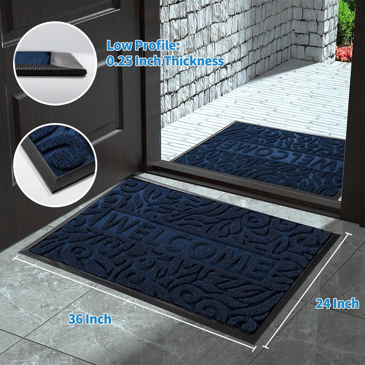 Yimobra Welcome Mat Outdoor 29.5x17, Waterproof Non-Slip Outdoor Mats for Front Door Outside Entrance, Low-Profile Entryway Mat Indoor for Garage Patio, Black