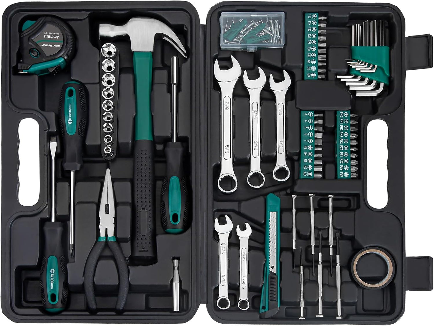 CARTMAN 148-Piece Automotive And Household Tool Set, Blue Repair Kit Case | Versatile tool assortment for car maintenance, home repairs, DIY projects, furniture setup, and daily fixes in a molded case.