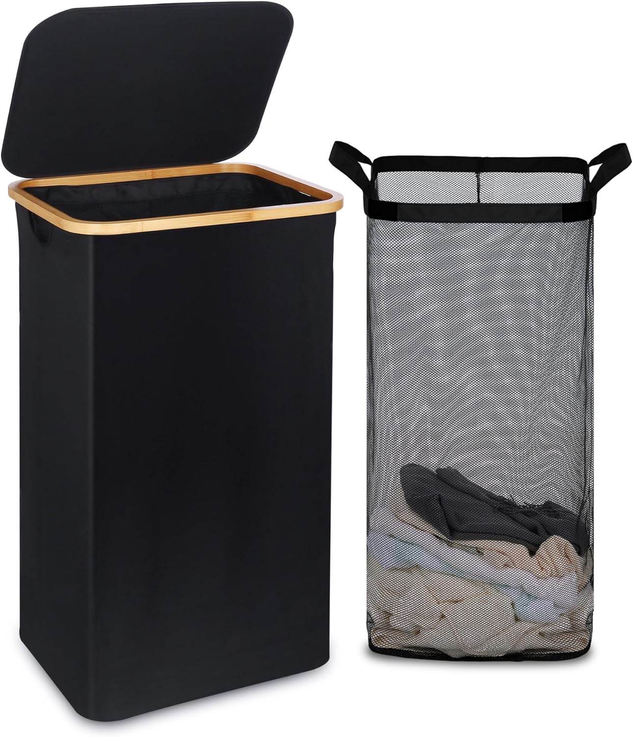 efluky Slim Laundry Basket with Lid, Narrow Laundry Hamper with Removable Bag, Skinny Dirty Clothes Basket with Bamboo Handles for Bathroom, Bedroom & Laundry Room, 75L Beige