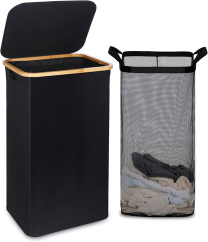 efluky Slim Laundry Basket with Lid, Narrow Laundry Hamper with Removable Bag, Skinny Dirty Clothes Basket with Bamboo Handles for Bathroom, Bedroom & Laundry Room, 75L Beige