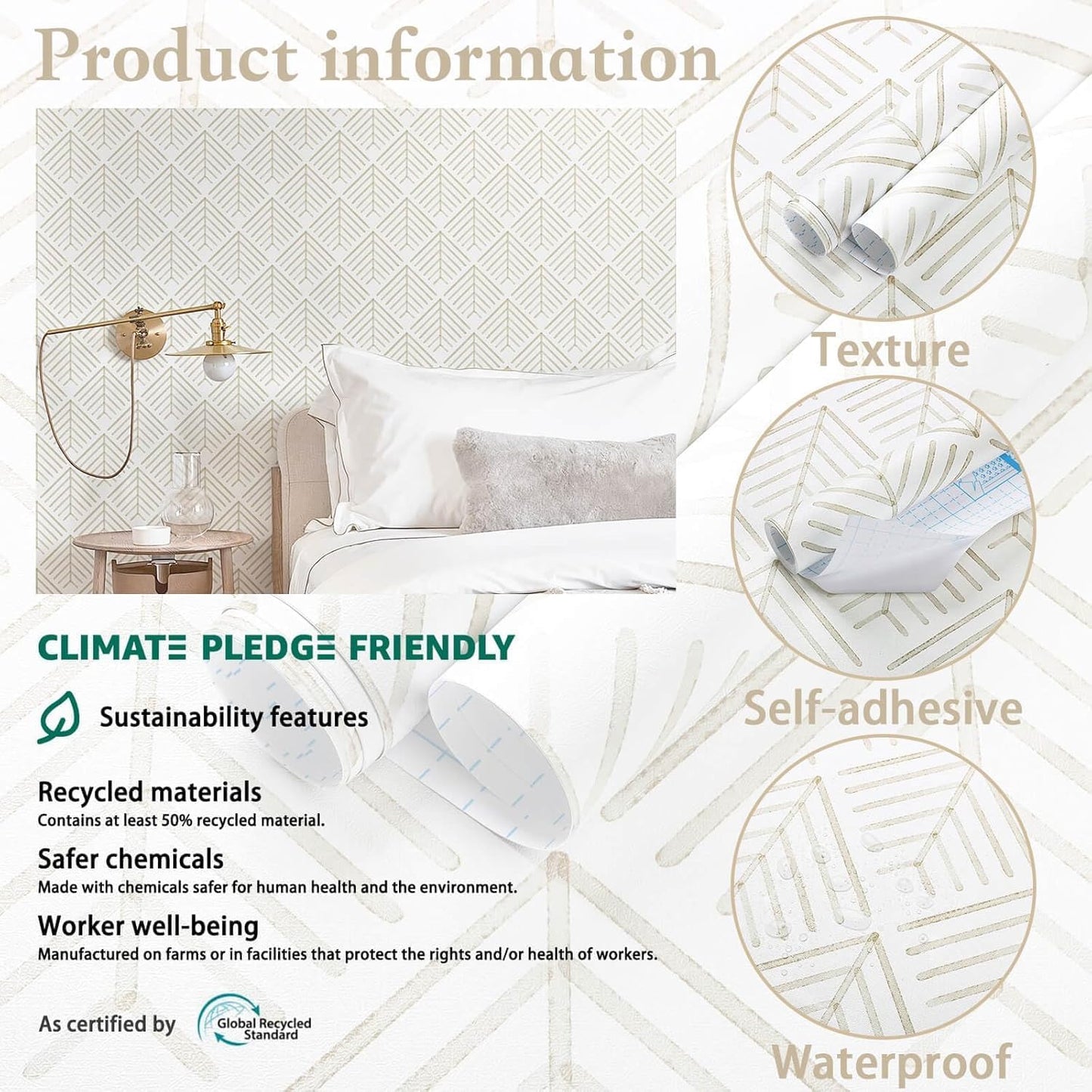 Heroad Boho Peel and Stick Wallpaper Beige Renter Friendly Wall Paper Peel and Stick Modern Contact Paper Neutral Geometric Wallpaper for Bedroom Bathroom Cabinets Decor Vinyl Waterproof 17.3"x78.7"