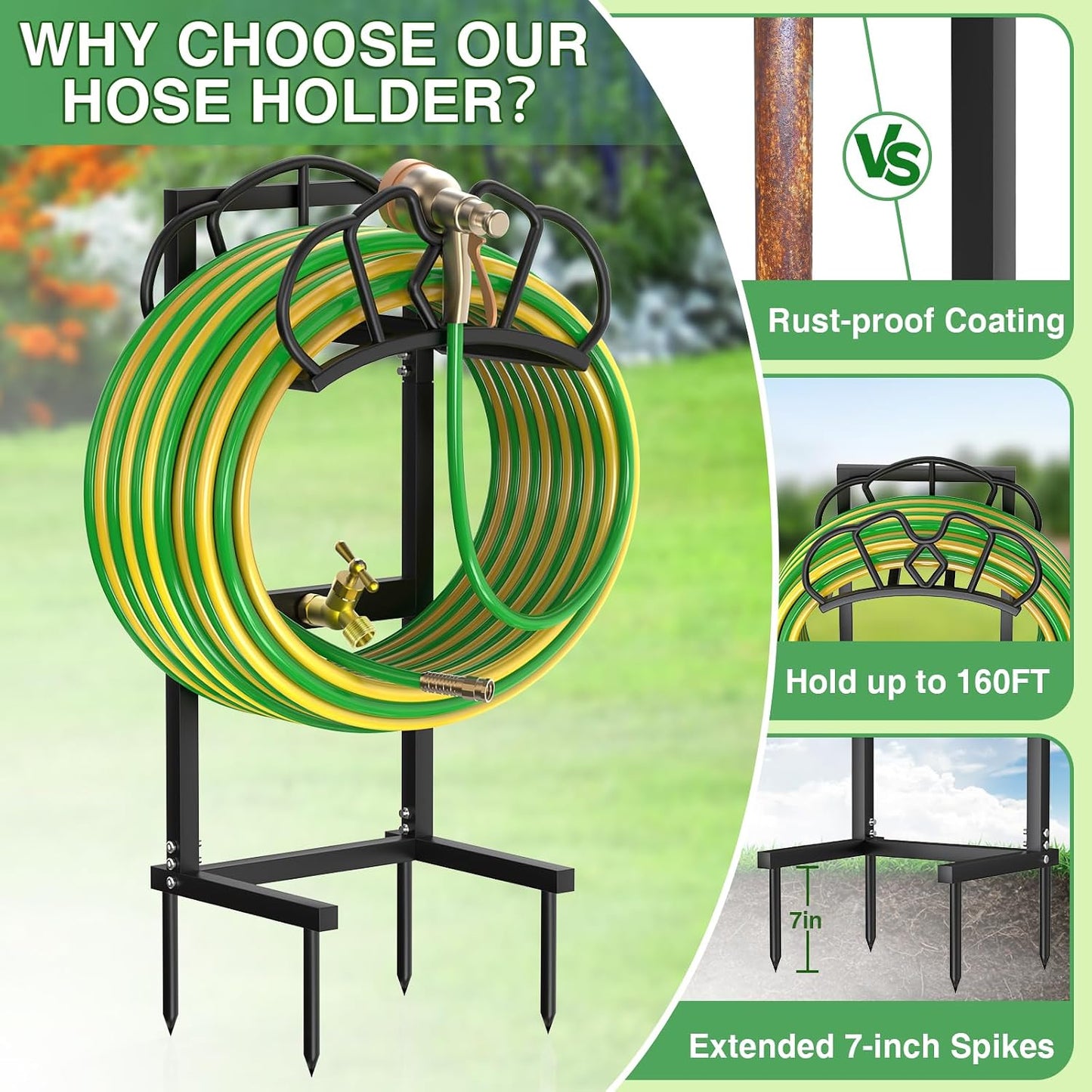 Qatsrin New Garden Hose Holder, Super Stable Water Hose Holders Stand Holds 160-Feet Hose, Rustproof Freestanding Hose Storage Hanger Rack for Outside Yard Lawn Farm, Black