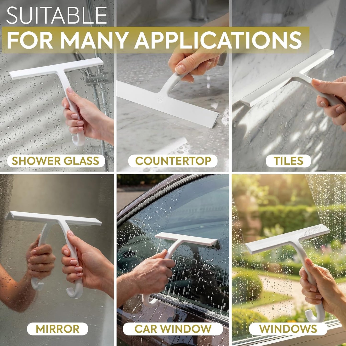 GÜTEWERK Shower Squeegee for Glass Doors – Bathroom Squeegee for Shower Glass & Tile Walls, Streak-Free & No-Squeak Silicone Blade, Stainless Steel Core, Hang Hook + Suction Cup, Black, 10 Inch