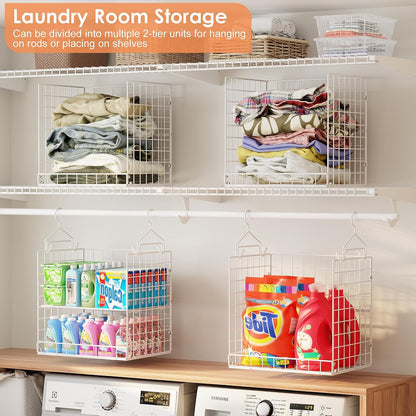Yuyetuyo 5 Tier Closet Hanging Organizer and Storage Separable Hanging Closet Shelves with 4 Hooks 2 Adjustable Dividers, Wire Storage Basket Bins for Clothing Sweaters Socks Dolls Handbags, Foldable