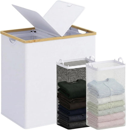efluky Laundry Hamper with Lid, Trio Laundry Basket with 2 Removable Bags, 3 Section Laundry Bin with Bamboo Handles for Bathroom, Bedroom & Laundry Room, 160L (42.3 Gallon) Beige