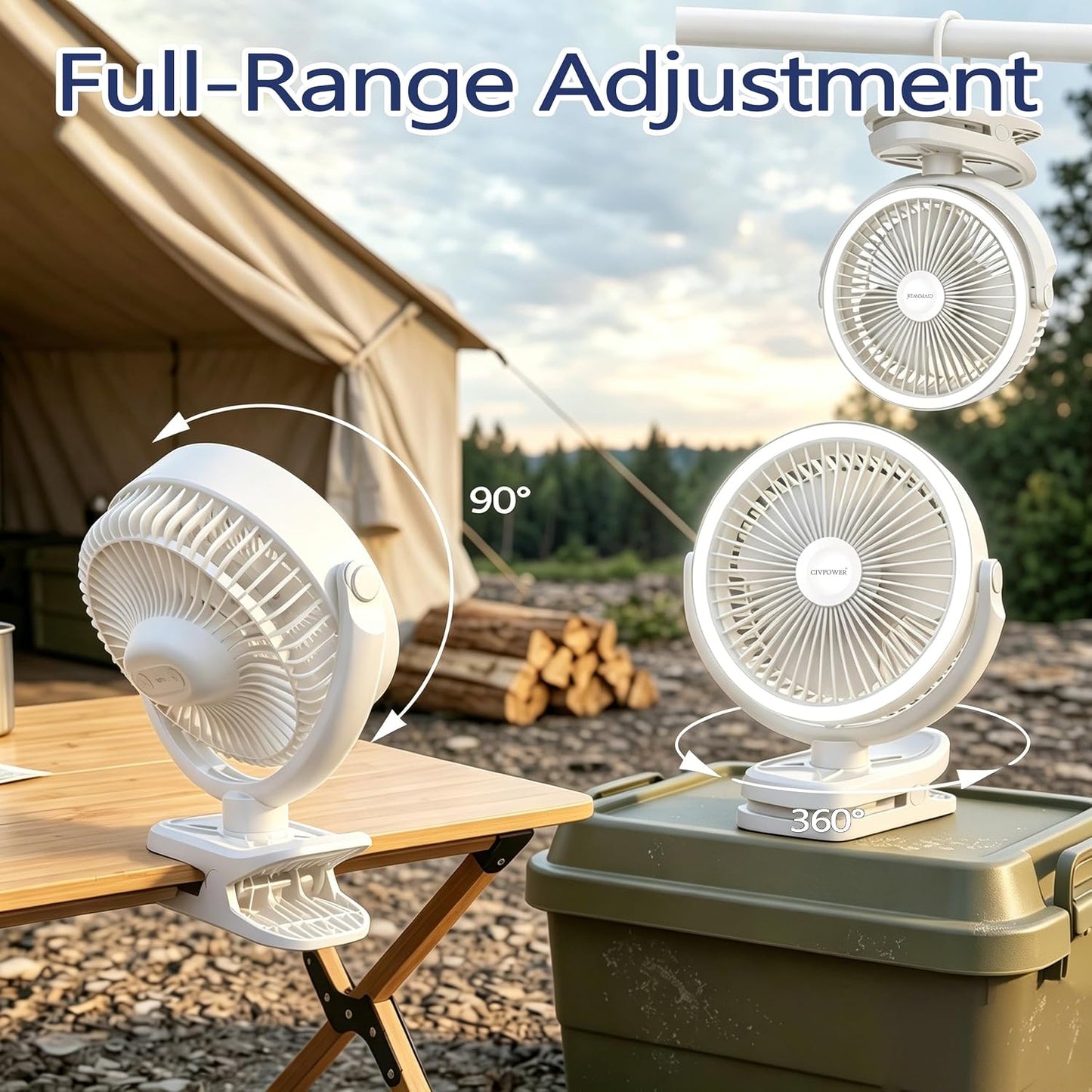 Clip on Fan 16000mAh: Portable Rechargeable Clamp Fan for Stroller Bed Camping Tent Golf Cart - Quiet Battery Operated with 3 Speed Strong Airflow LED Light Hook for Office Desk Outdoor (Black)