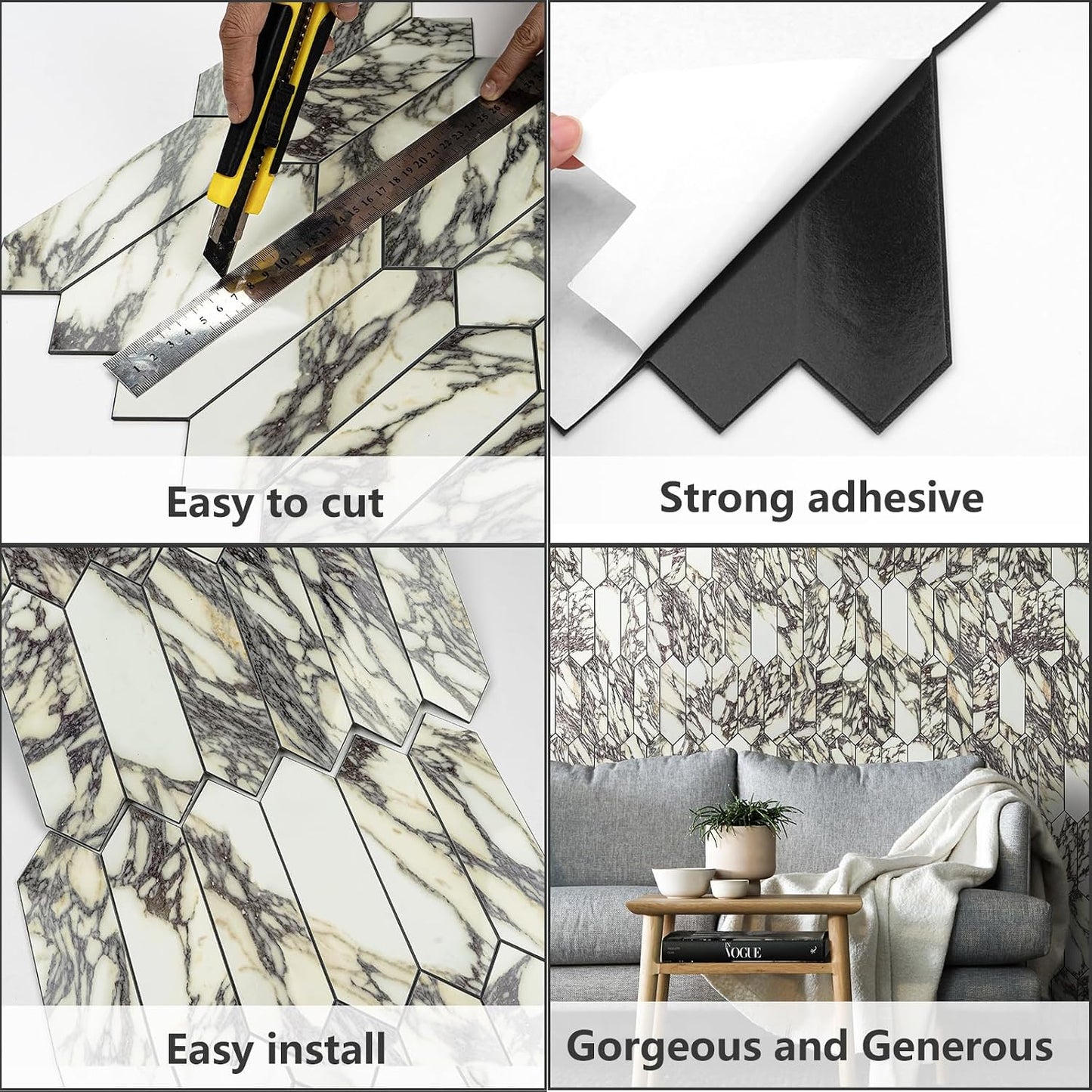 Vamos Tile Glossy Dolomite White Backsplash Tile Peel and Stick, 12.8 x 12.8 Inch 10 Sheets Long Hexagon PVC Self Adhesive Mosaic Wall Tiles Stick on Backsplash for Kitchen and Bathroom