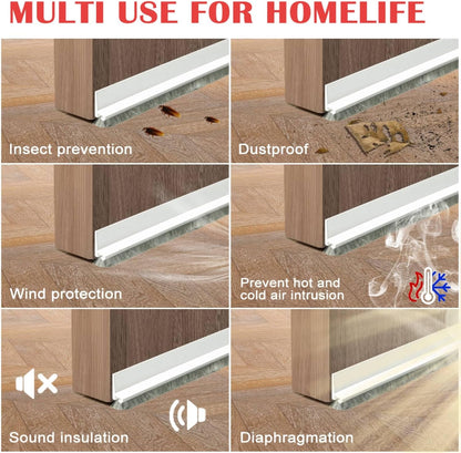 Door Sweep for Bottom of Door, 39.2" L Integrated Design with Brush, Self Adhesive Under Door Draft Stopper for Bottom of Door, Door Seal Dust/Noise/Hot or Cold Air Insulation, White 2" W