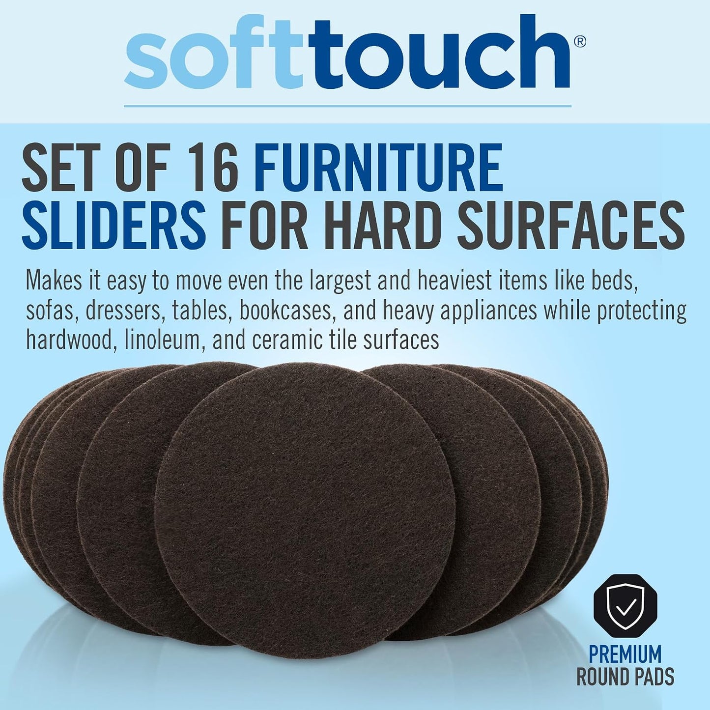 SoftTouch 1.5" Round Reusable Felt Furniture Sliders for Hard Surfaces, Noise-Reducing Adhesive Moving and Protective Pads for Cabinets, Chairs, Tables & Decorative Items Set of 48, Brown