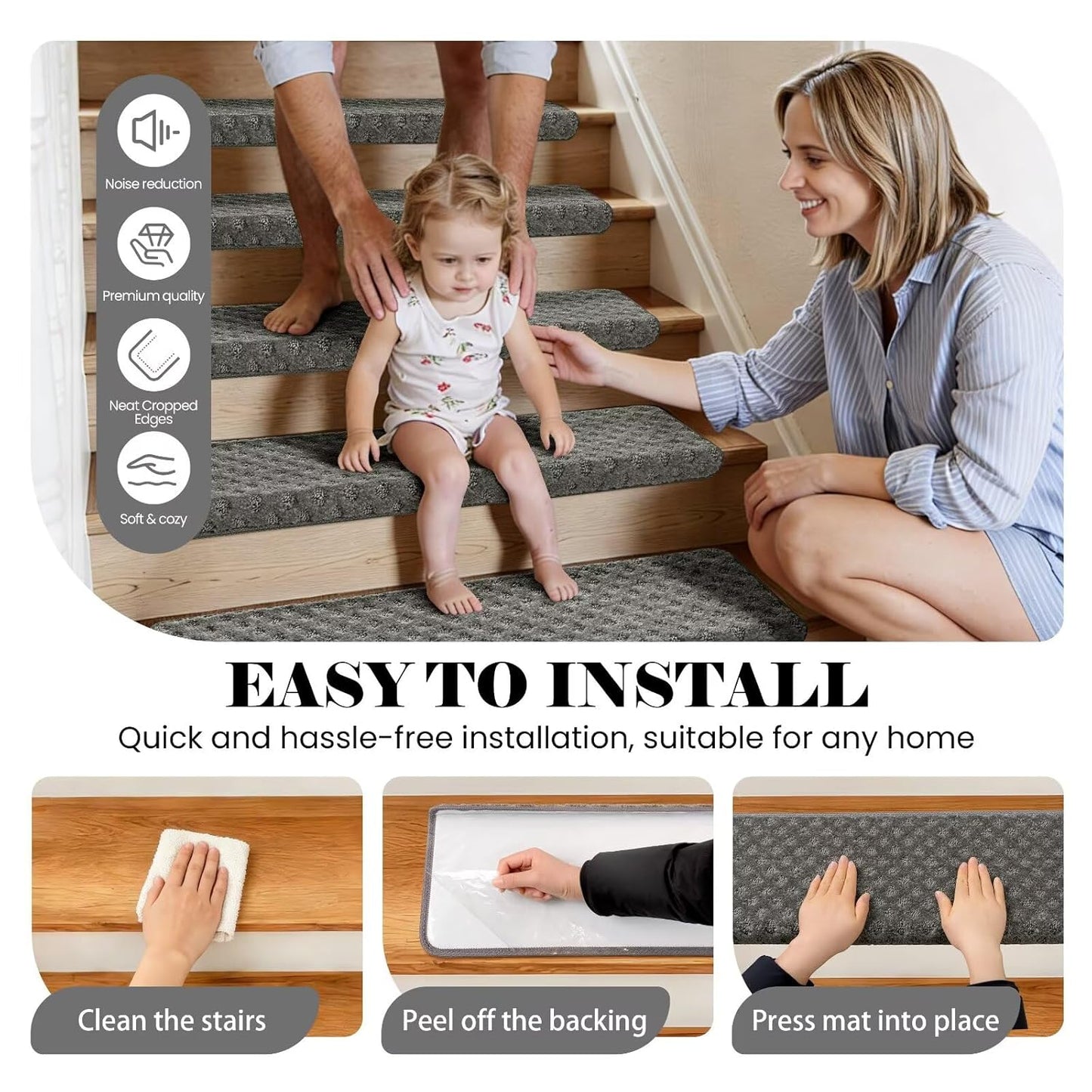 DEXDE Bullnose Stair Treads for Wooden Steps Non-Slip Stair Runner, 14 Pcs | Reusable bullnose carpet Stair Treads Indoor, Peel and Stick Stair Rugs with Edge Protection, Soft Washable, 30"x9.5" Grey