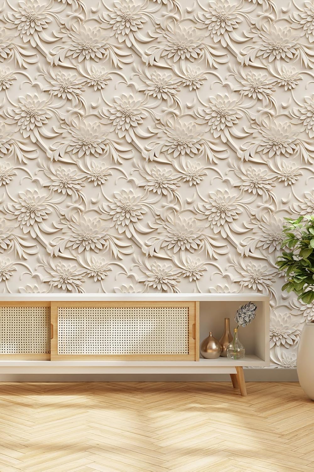 Floral Peel and Stick Wallpaper 3D Effect Interior Wall Décor Contact Paper Self Adhesive Removable Renter Friendly for Bedroom Living Cabinet Room 17.7in x 9.8ft (Not Textured Wallpaper