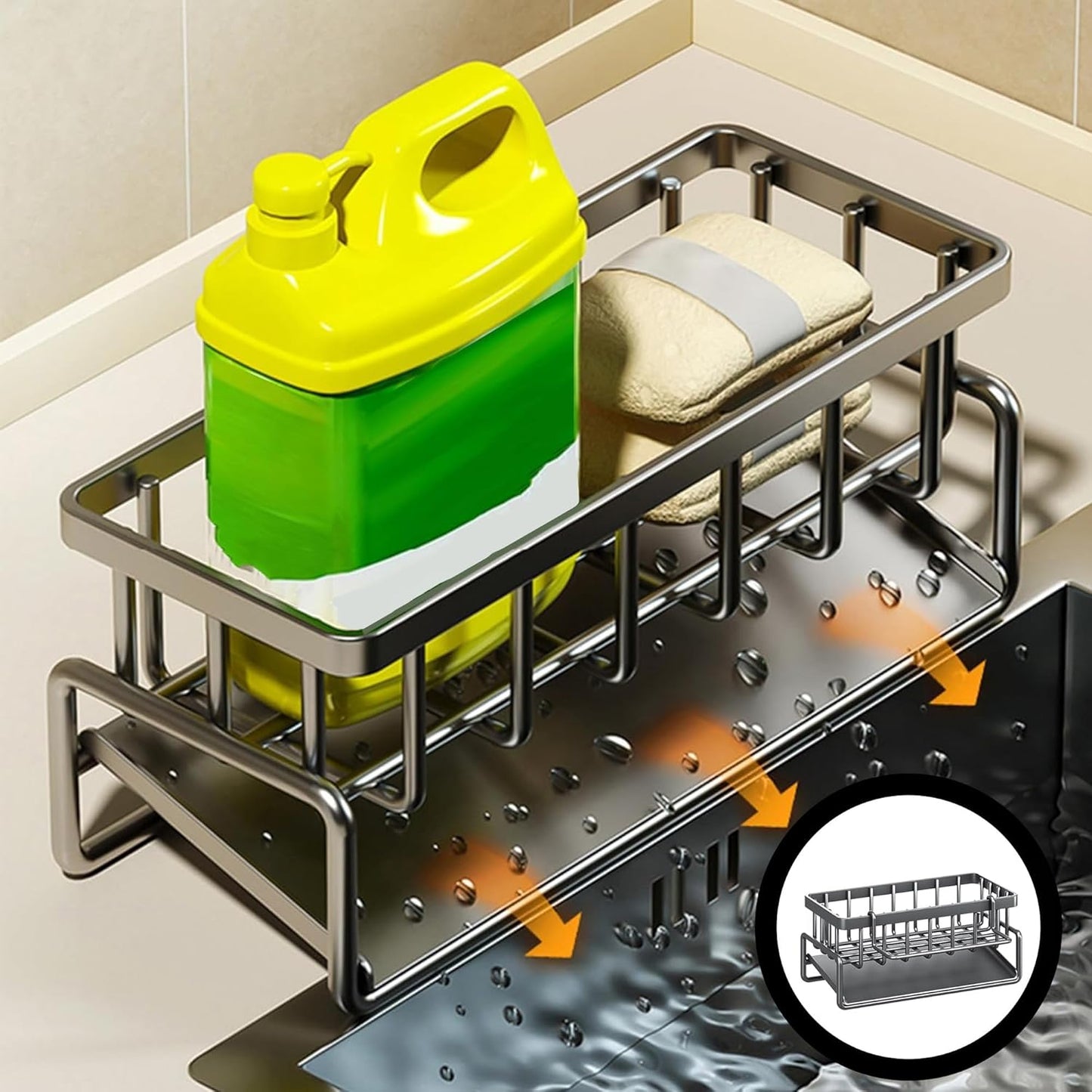 Sponge Holder Caddy for Kitchen Sink – Stainless Steel Soap Organizer with Auto Drain Tray, Countertop Storage Rack for Sink or Bathroom, Small Space Home Accessories, Gery