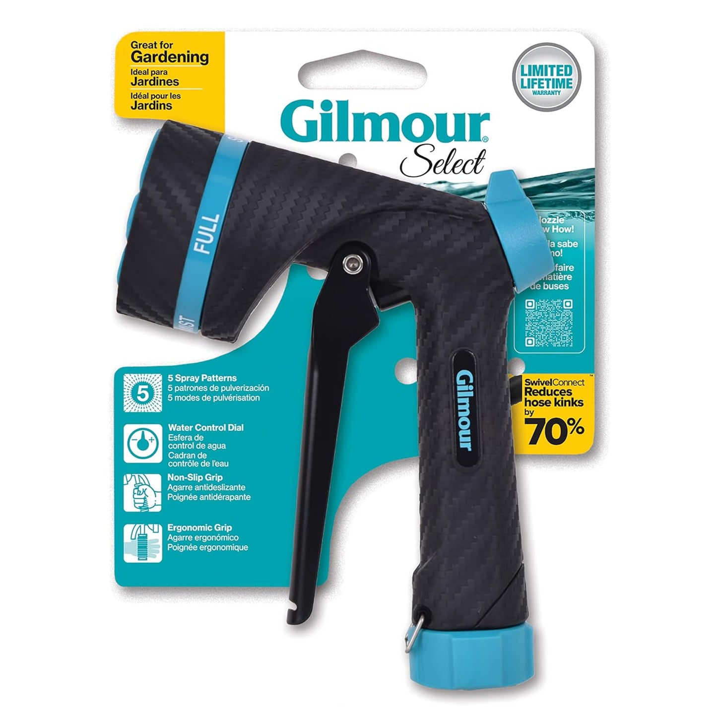 Gilmour Heavy Duty Garden Hose Nozzle, Swivel Connect, 5 Spray Patterns, Ergonomic Grip, Flow Control, Trigger Lock, Thumb Control