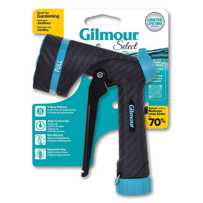 Gilmour Heavy Duty Garden Hose Nozzle, Swivel Connect, 5 Spray Patterns, Ergonomic Grip, Flow Control, Trigger Lock, Thumb Control