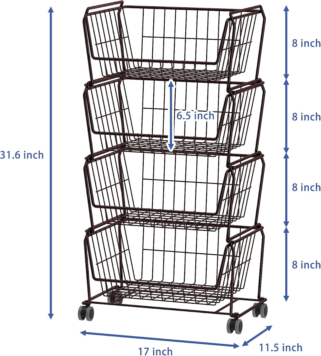PUSDON 6-Tier Tall Stackable Wire Storage Baskets with Wheels, Vertical Metal Rolling Utility Cart, High Capacity Produce Basket for Kitchen Pantry, Snack Organizer, Matte Black