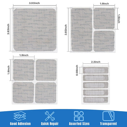 16Sheets Window Screen Repair Kit - Black Self-Adhesive Screen Patch Repair Kit, 4 Sizes Patches Mesh Tape for Mesh Screens Door, Window Drain Holes, Strong Adhesion Easy to Use