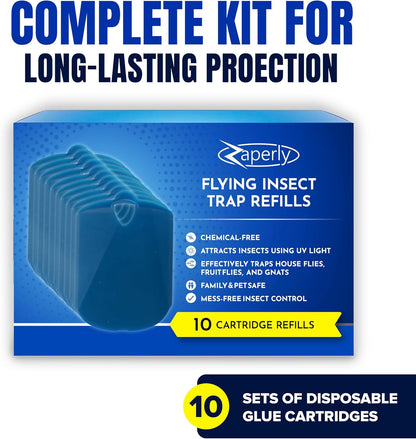 2 Fruit Fly Traps & 10 Adhesive Cartridges, Indoor Plug-in Bug Catcher, UV Light Fly Trap Captures Fruit Flies, Gnats, Houseflies, Moths, and Flying Insects for Kitchen, Bathroom, Plant Areas